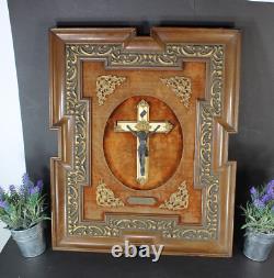 Antique Flemish wood carved frame crucifix plaque panel religious