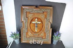 Antique Flemish wood carved frame crucifix plaque panel religious