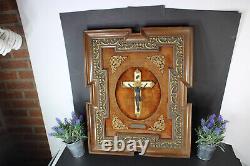 Antique Flemish wood carved frame crucifix plaque panel religious