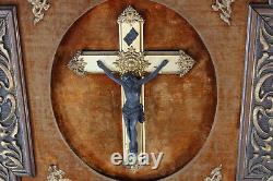 Antique Flemish wood carved frame crucifix plaque panel religious