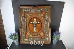 Antique Flemish wood carved frame crucifix plaque panel religious