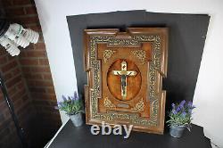 Antique Flemish wood carved frame crucifix plaque panel religious