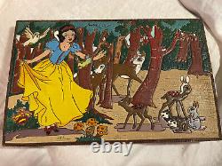 Antique Folk Art Carved Painted Snow White in Forest with Animals wooden panel