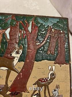 Antique Folk Art Carved Painted Snow White in Forest with Animals wooden panel