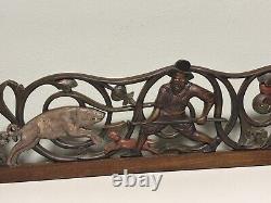 Antique Forest Folk Art Carved Wood Hunting Dog Bora Scene Panel Massive Piece