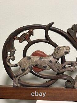 Antique Forest Folk Art Carved Wood Hunting Dog Bora Scene Panel Massive Piece