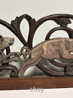 Antique Forest Folk Art Carved Wood Hunting Dog Bora Scene Panel Massive Piece