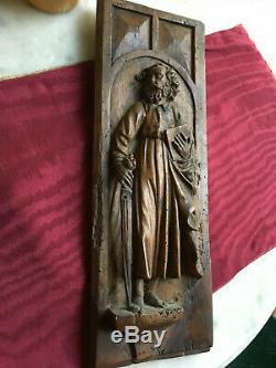 Antique French 18th C Saint Matthieu Hand Carved Walnut Wood Panel Wall Hanging