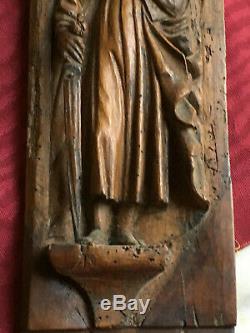 Antique French 18th C Saint Matthieu Hand Carved Walnut Wood Panel Wall Hanging