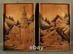 Antique French Alps Hand Carved Wood Relief Panel Plaque PAIR Signed Pediment