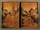 Antique French Alps Hand Carved Wood Relief Panel Plaque Pair Signed Pediment