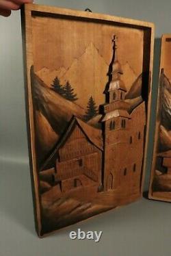 Antique French Alps Hand Carved Wood Relief Panel Plaque PAIR Signed Pediment