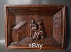 Antique French Architectural 19th. C Carved Oak Wood Wall Panel of Breton Peasant