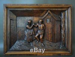 Antique French Architectural 19th. C Carved Oak Wood Wall Panel of Dancing Breton