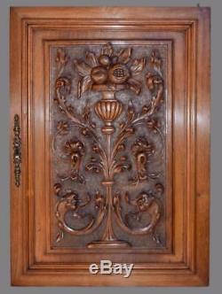 Antique French Architectural Carved Solid Wood Cupboard Door Wall Panel Basket