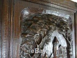 Antique French Architectural Hand Carved Oak Wood Door Panel -Boat Ride Medieval