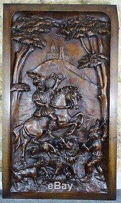 Antique French Architectural Walnut Door Panel Carved Wood Wild Boar Hunting