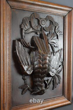 Antique French Black Forest Carved Wood Hunting Trophy Wall Panel Bird Plaque