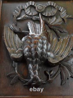 Antique French Black Forest Carved Wood Hunting Trophy Wall Panel Bird Plaque