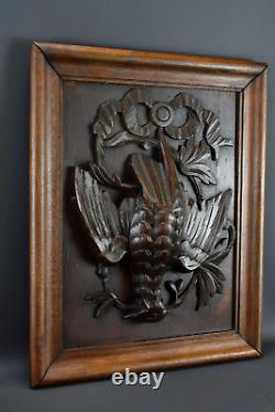 Antique French Black Forest Carved Wood Hunting Trophy Wall Panel Bird Plaque