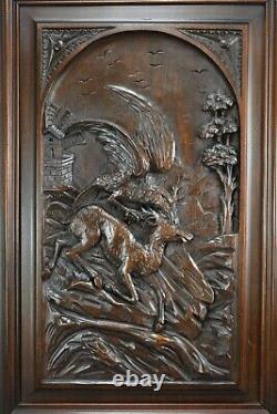 Antique French Black Forest Eagle and Chamois Carved Wood Wall Panel Door
