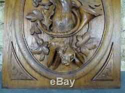 Antique French Black Forest Style Carved Oak Wood Panel Hunt Theme- Hare