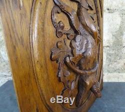 Antique French Black Forest Style Carved Oak Wood Panel Hunt Theme- Hare