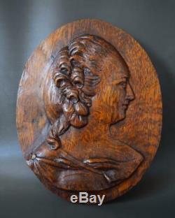 Antique French Carved Oak Wood Lady Profile Portrait Wall Medallion Panel