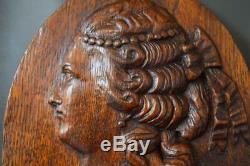 Antique French Carved Oak Wood Wall Medallion Panel of Lady Profile Portrait