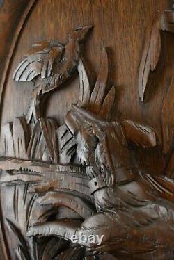 Antique French Carved Oak Wood Wall Panel Hunting Dog Bird Black Forest
