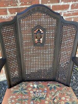 Antique French Carved Walnut 3 Panel Cane Back Wing Arm Chair Needlepoint Seat