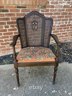 Antique French Carved Walnut 3 Panel Cane Back Wing Arm Chair Needlepoint Seat