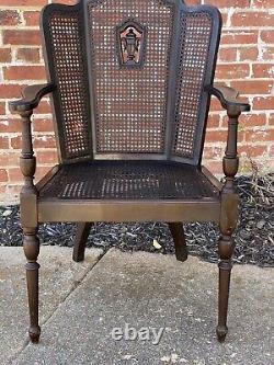 Antique French Carved Walnut 3 Panel Cane Back Wing Arm Chair Needlepoint Seat