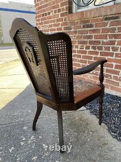 Antique French Carved Walnut 3 Panel Cane Back Wing Arm Chair Needlepoint Seat