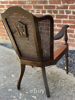 Antique French Carved Walnut 3 Panel Cane Back Wing Arm Chair Needlepoint Seat