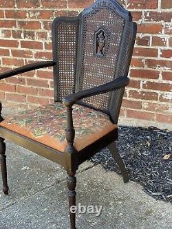 Antique French Carved Walnut 3 Panel Cane Back Wing Arm Chair Needlepoint Seat