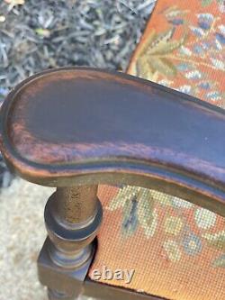 Antique French Carved Walnut 3 Panel Cane Back Wing Arm Chair Needlepoint Seat