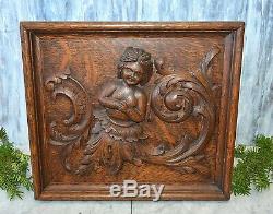 Antique French Carved Wood Figural Cherub Mermaid Framed Panel Pediment Acanthus