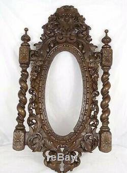Antique French Carved Wood Panel Black Forest Frame Mirror Green Man and Chimera