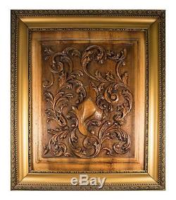 Antique French Carved Wood Panel, Frame Acanthus & Shield Panel, Door, 27x23