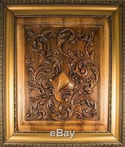 Antique French Carved Wood Panel, Frame Acanthus & Shield Panel, Door, 27x23