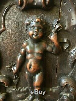 Antique French Figural Panel Carved Cherubs, Angels, high relief tons of carving