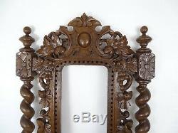 Antique French Hand Carved Oak Wood Openwork Panel Black Forest Frame Mirror