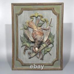 Antique French Hand Carved Painted Wooden Panel High Relief Still Life Partridge