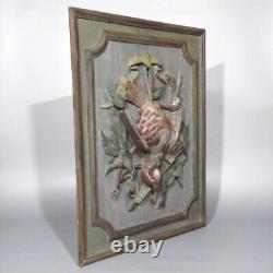 Antique French Hand Carved Painted Wooden Panel High Relief Still Life Partridge