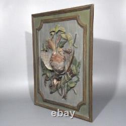 Antique French Hand Carved Painted Wooden Panel High Relief Still Life Partridge