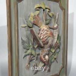Antique French Hand Carved Painted Wooden Panel High Relief Still Life Partridge