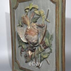 Antique French Hand Carved Painted Wooden Panel High Relief Still Life Partridge