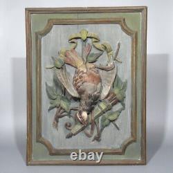 Antique French Hand Carved Painted Wooden Panel High Relief Still Life Partridge