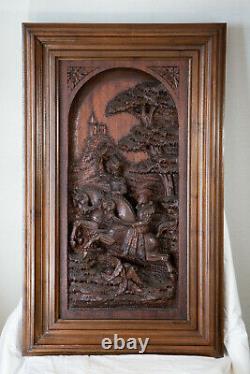 Antique French Hand Carved Walnut Relief Hunting Falconry Panel Chateau Framed